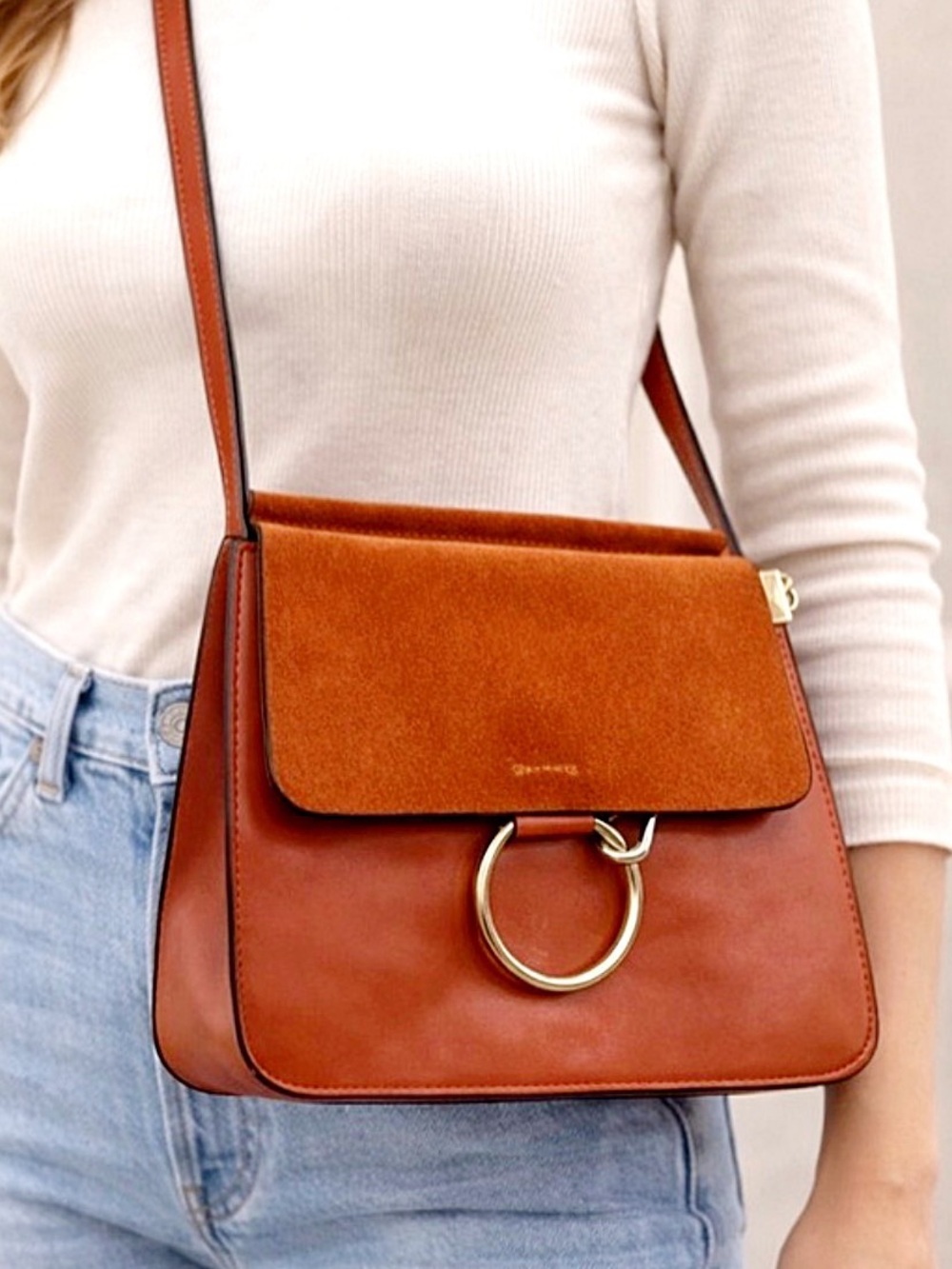 Huada Cognac Leather & Suede Fae  Crossbody Satchel | Gold Hardware NWOT